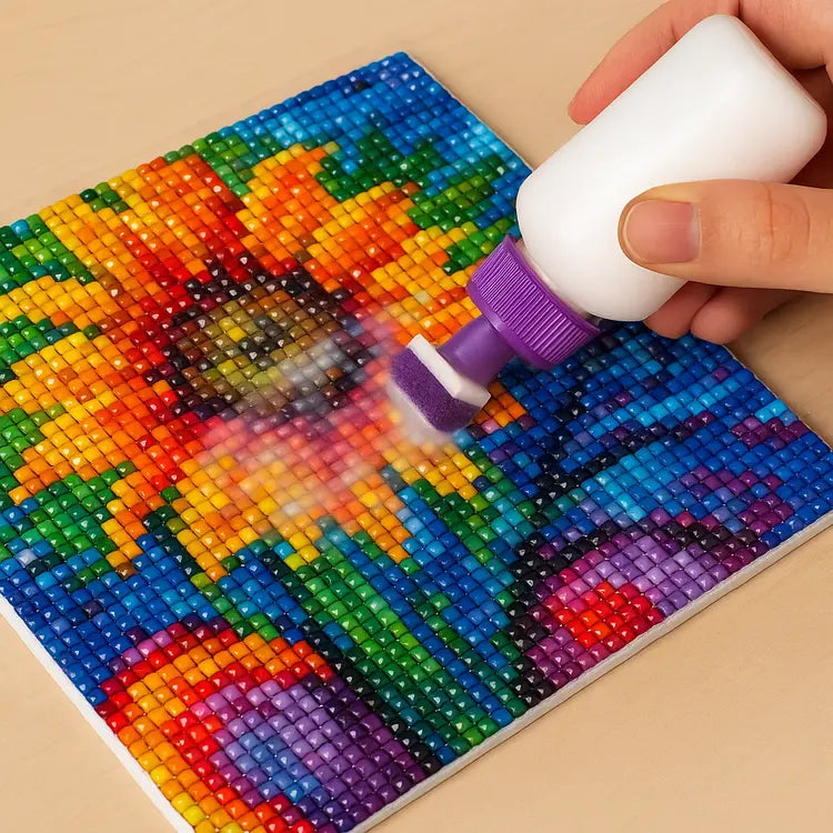 Diamond painting in felle kleuren wordt geseald met paarse applicator voor glans en stevigheid op houten ondergrond.