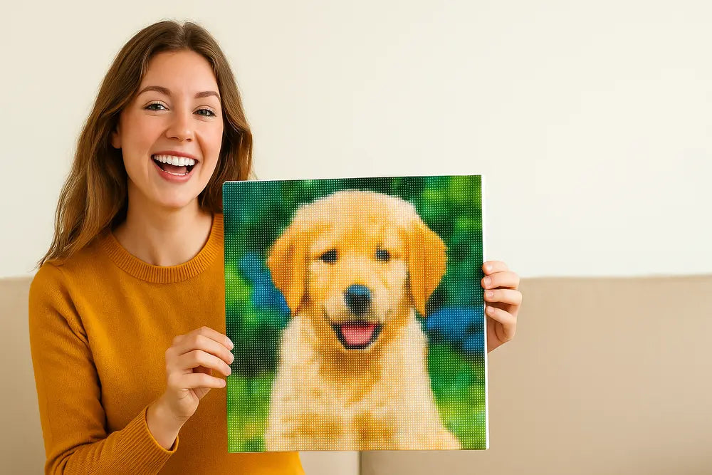 Blije vrouw toont eigen foto diamond painting als alternatief voor HEMA – kleurrijk, gepersonaliseerd en direct te bestellen