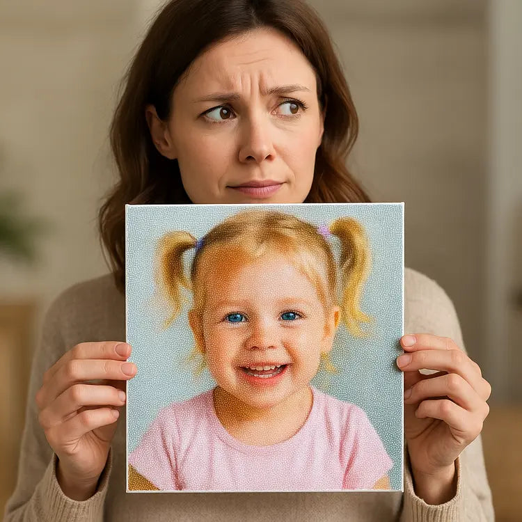 Vrouw houdt diamond painting vast met eigen foto, zoekend naar alternatief voor Kruidvat.