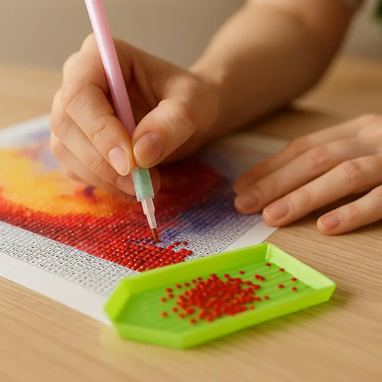 Hand plaatst rode steentjes op diamond painting canvas, met groen bakje – passend bij blog over diamond painting kopen.