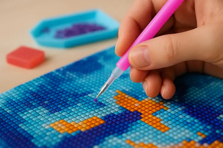 Hand plaatst steentje op canvas met diamond painting pen, wax en schudbakje zichtbaar op de achtergrond.