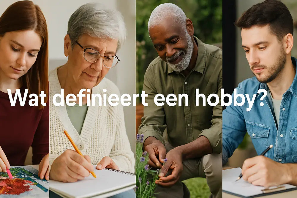 Diverse mensen met creatieve hobby’s zoals diamond painting, tekenen, tuinieren en handwerk in een natuurlijke setting