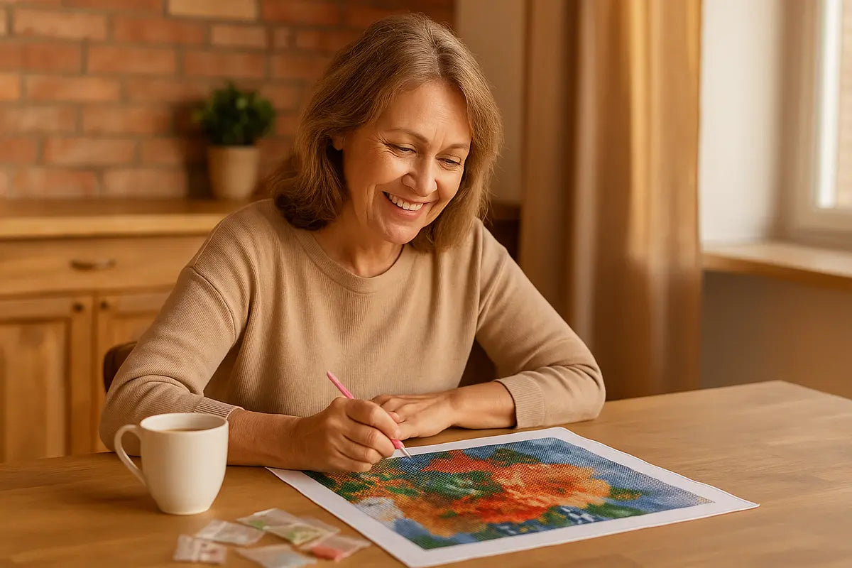 Vrouw van 50 bezig met diamond painting hobby thuis aan houten tafel met warme sfeer