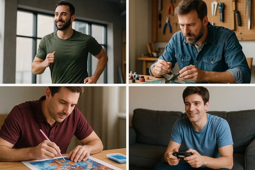 Collage van vier mannen met verschillende hobby’s voor mannen, waaronder sporten, modelbouw, diamond painting en gamen.