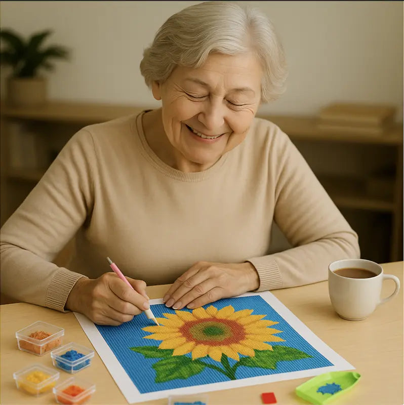 Oudere vrouw werkt aan diamond painting zonnebloem met steentjes en pen aan houten tafel