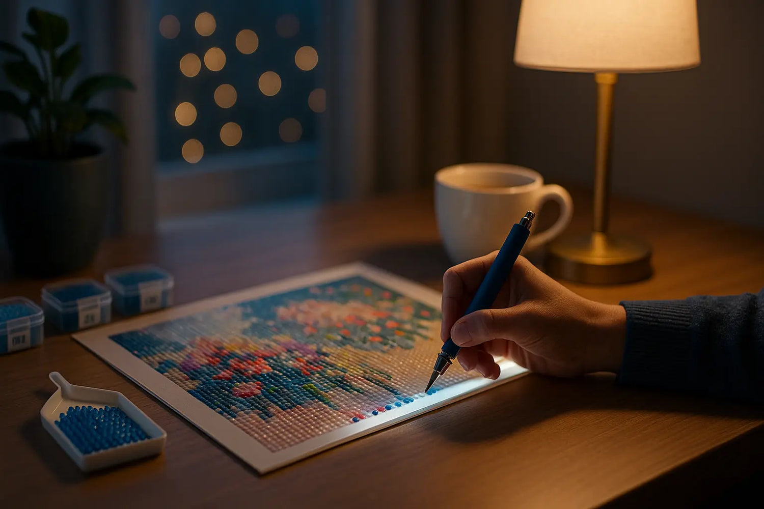 Knutselen voor volwassenen: diamond painting met elektrische pen op lichtpad aan tafel