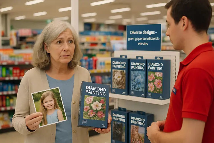 Teleurgestelde oudere vrouw in Kruidvat met standaard diamond painting en foto van kleinkind, zoekt gepersonaliseerde kit.