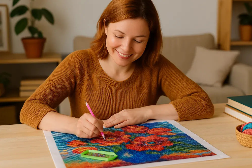 Rustige vrouw werkt aan diamond painting als ontspannende hobby voor thuis – ideaal voor stressvermindering en mindfulness