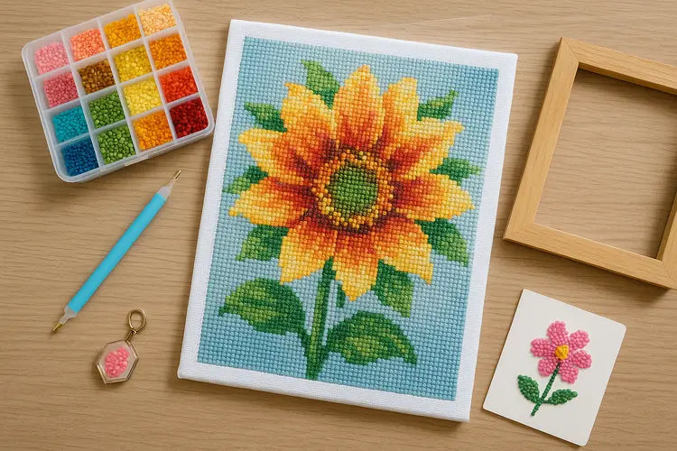 Afgewerkte diamond painting van een zonnebloem op tafel met diamond painting pen, sorteerdoosje met steentjes en houten lijst ernaast.
