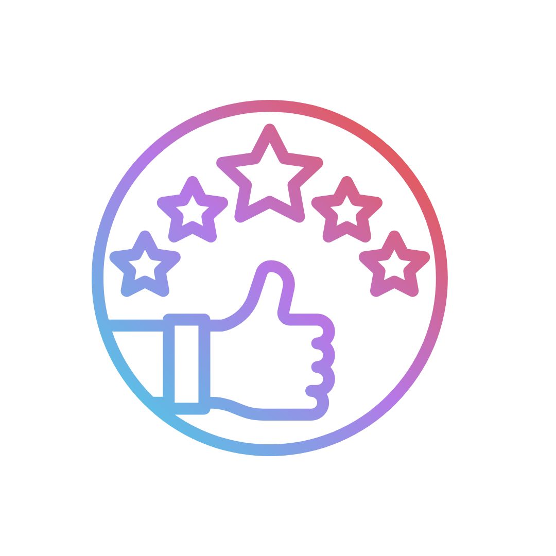 Graphic van een duimpje omhoog met vijf sterren, symbool voor de hoge klanttevredenheid van Glittercraft.