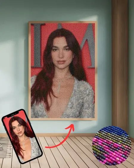 Diamond painting eigen foto voorbeeld – gepersonaliseerd portret op canvas met kleurrijke steentjes, gemaakt van ingezonden afbeelding