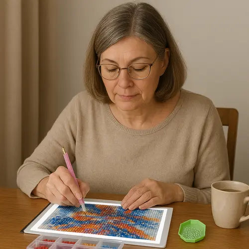 Een ontspannen vrouw van 50+ werkt geconcentreerd aan haar diamond painting hobby.