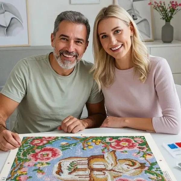 Man en vrouw genieten samen van diamond painting eigen foto – ontspannende en betaalbare hobby voor volwassenen