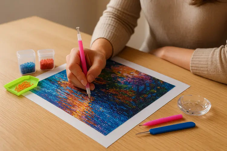 Rechtshandige beginner start met diamond painting rechtsonder op canvas aan houten tafel met kleurrijke steentjes