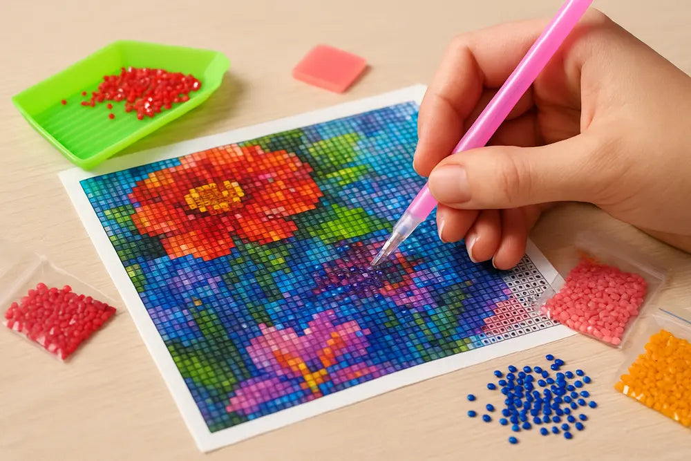 Hand plaatst steentje op diamond painting canvas met bloemenpatroon, omringd door accessoires en gekleurde steentjes