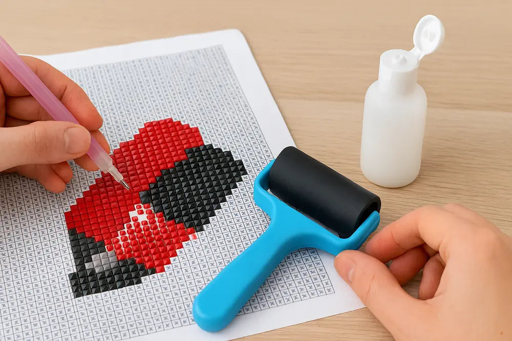 Diamond painting plakt niet meer – close-up van canvas met losse steentjes, diamond painting pen, roller en sealer voor oplossingen.