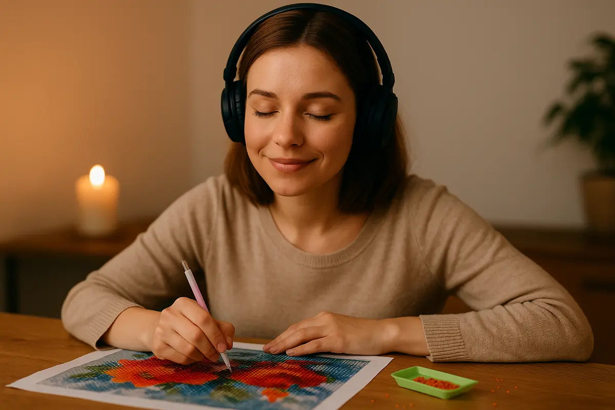 Vrouw met koptelefoon ontspant tijdens diamond painting en luistert naar ASMR-geluiden.