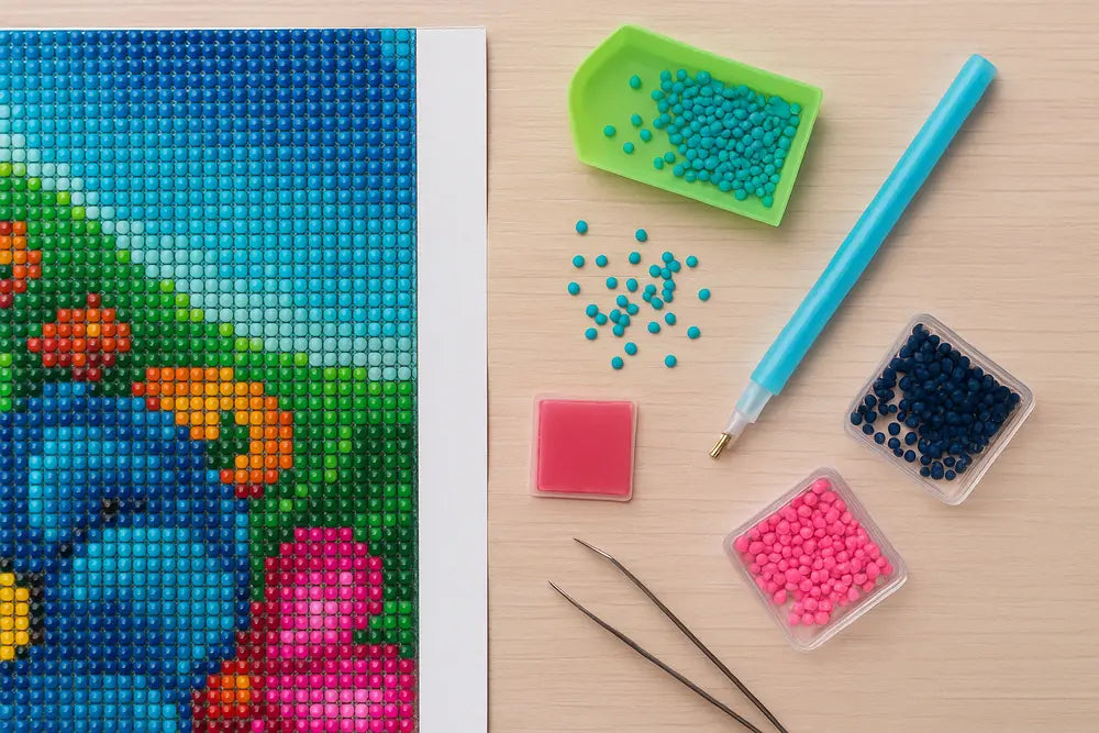 Wat heb je nodig voor diamond painting? Canvas, pen, wax, bakjes en steentjes als accessoires