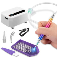 Complete set elektrische diamond painting pen met powerbank, USB-lader, nozzles en zuigsysteem voor precisiewerk.