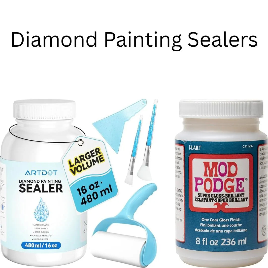 Twee soorten diamond painting sealers met toebehoren – visuele weergave van de collectie diamond painting sealer producten