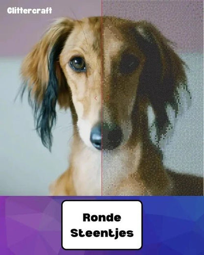 Voor en na effect van een eigen foto van een hond naar een diamond painting met ronde steentjes van Glittercraft.