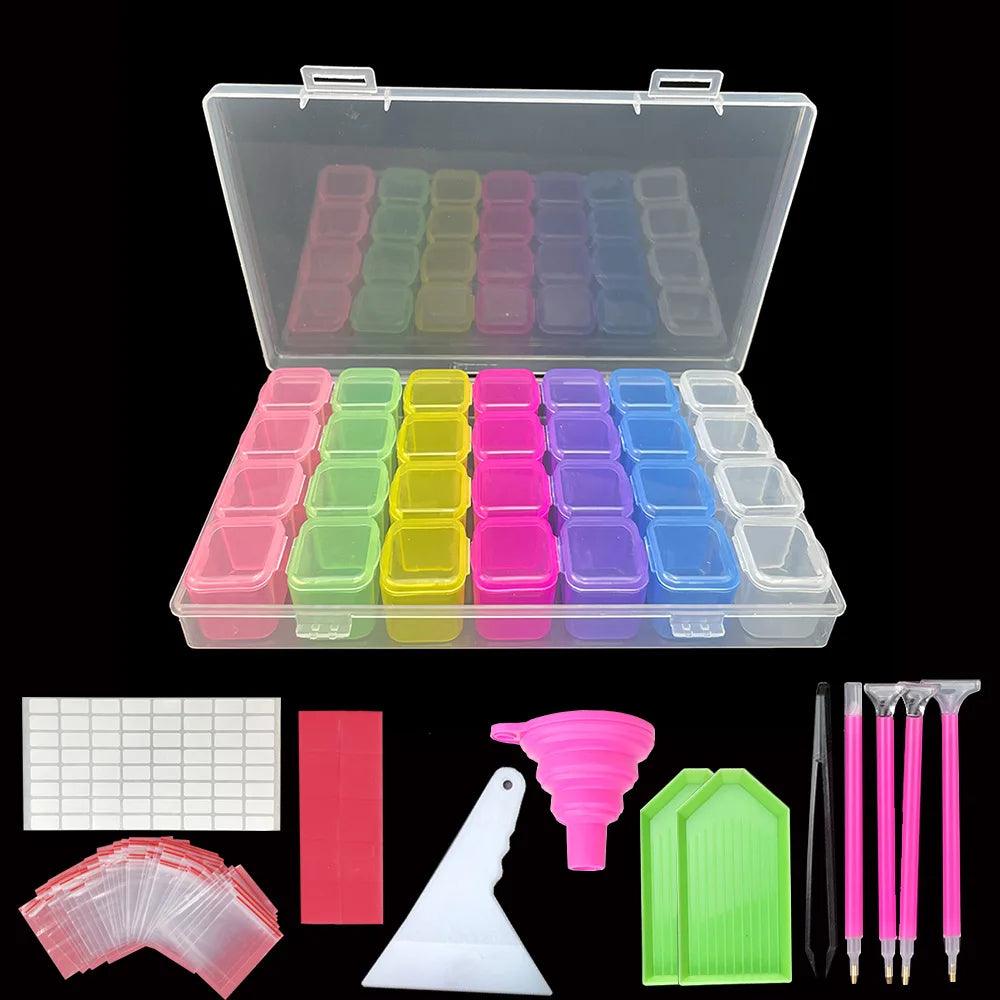 Diamond painting opbergdoos detail met diamond painting accessoires zoals een pen, bakjes en stickers