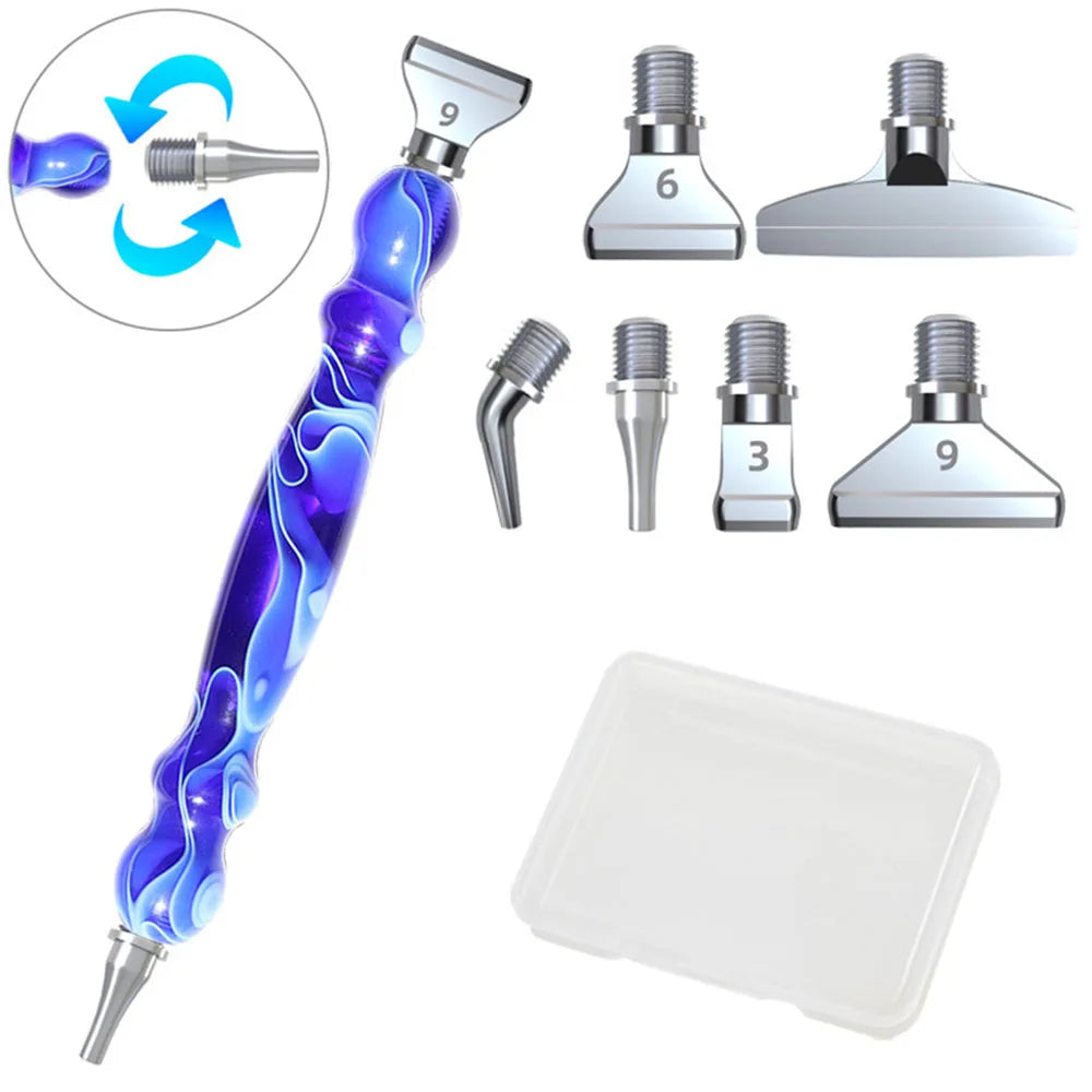 Donkerblauwe diamond painting pen met 6 metalen opzetstukken en draaikop voor nauwkeurig en snel werken met steentjes