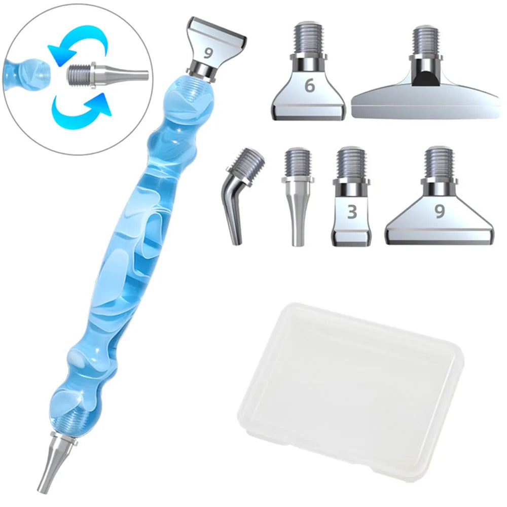 Lichtblauwe diamond painting pen met metalen draaikop en 6 opzetstukken voor precisiewerk en meerdere steentjes