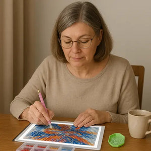 Volwassen vrouw gebruikt diamond painting tools aan tafel met lichtplaat en opbergsysteem