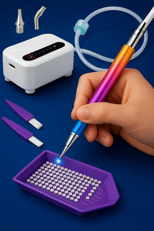 Elektrische diamond painting pen met regenboogdesign en vacuümpomp, ideaal voor nauwkeurige plaatsing van steentjes.