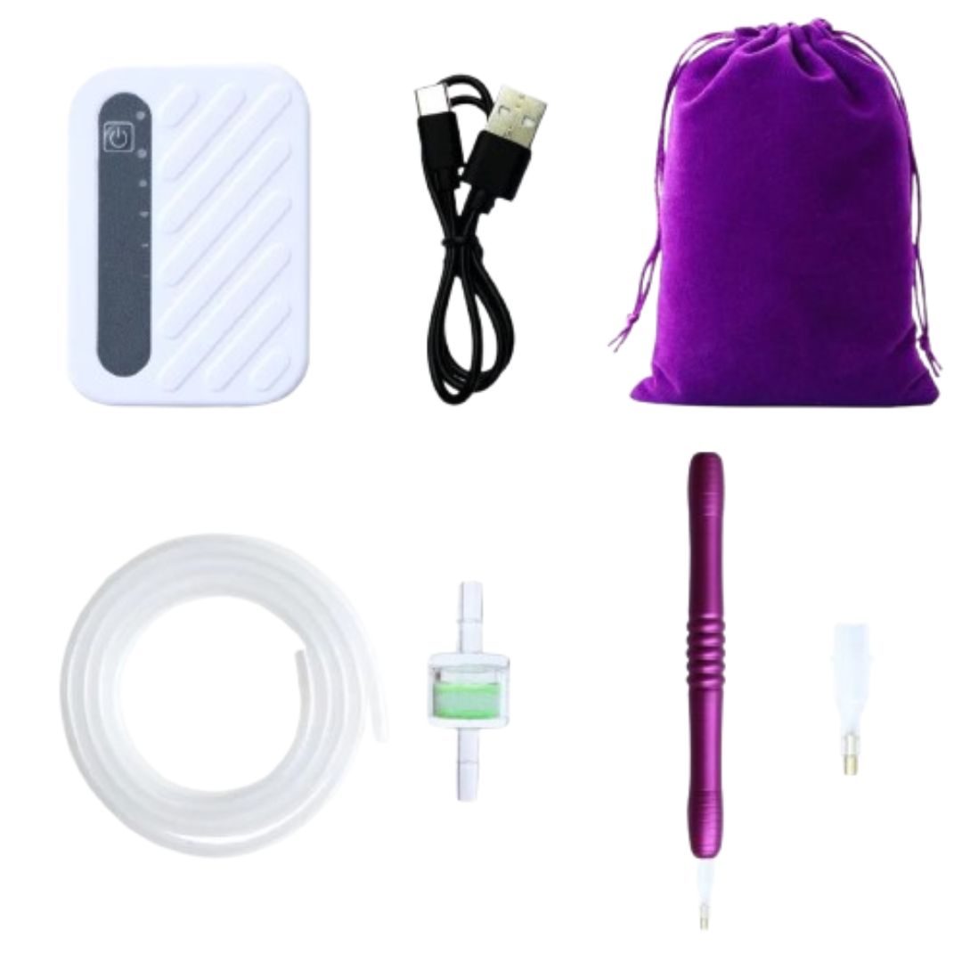Complete set met paarse elektrische diamond painting pen, USB-C lader, luchtfilter, slang en fluwelen opbergzakje.