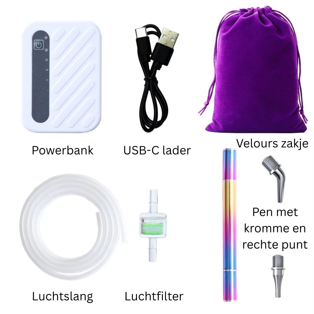 Set met powerbank, USB-C lader, luchtfilter, slang en luxe pouch voor de elektrische diamond painting pen.