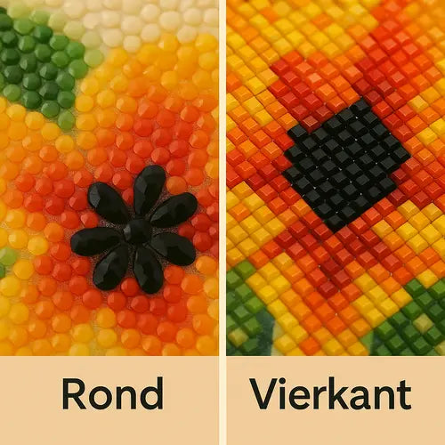 Close-up vergelijking tussen ronde en vierkante diamond painting steentjes op bloemachtig patroon